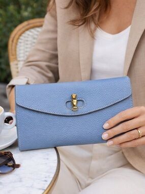 J McLaughlin Blue Leather Clutch Wallet Gold Turn Lock